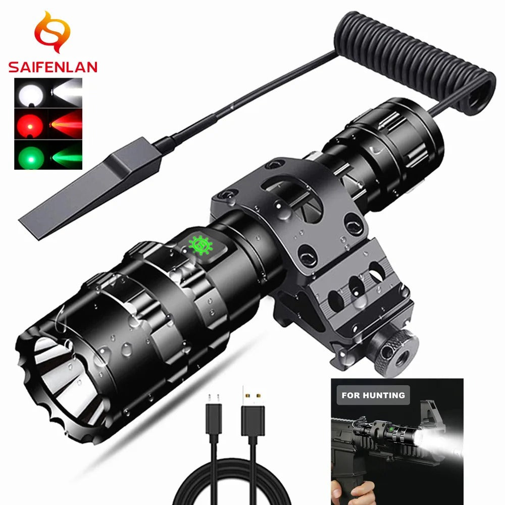 LED Tactical Hunting Flashlight USB Rechargeable For Rifle