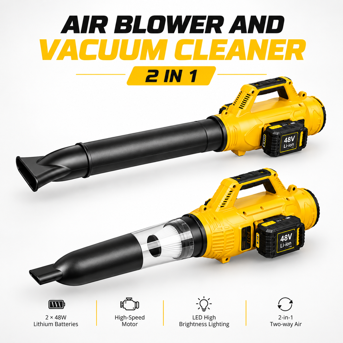 2 in 1 Cordless Air Blower & Vacuum Cleaner with 2 Batteries, High-Speed Motor & LED Light