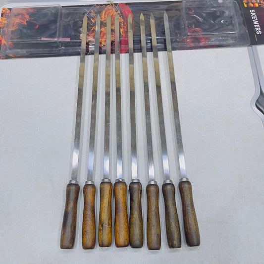 8Pcs Thickened Stainless Seel Reusable Anti Scalding BBQ Skewer With Wooden Handle