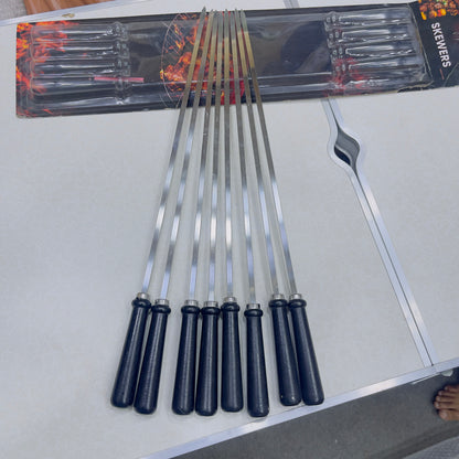 8Pcs Stainless Steel Reusable Anti Scalding BBQ Skewer With Wooden Handle