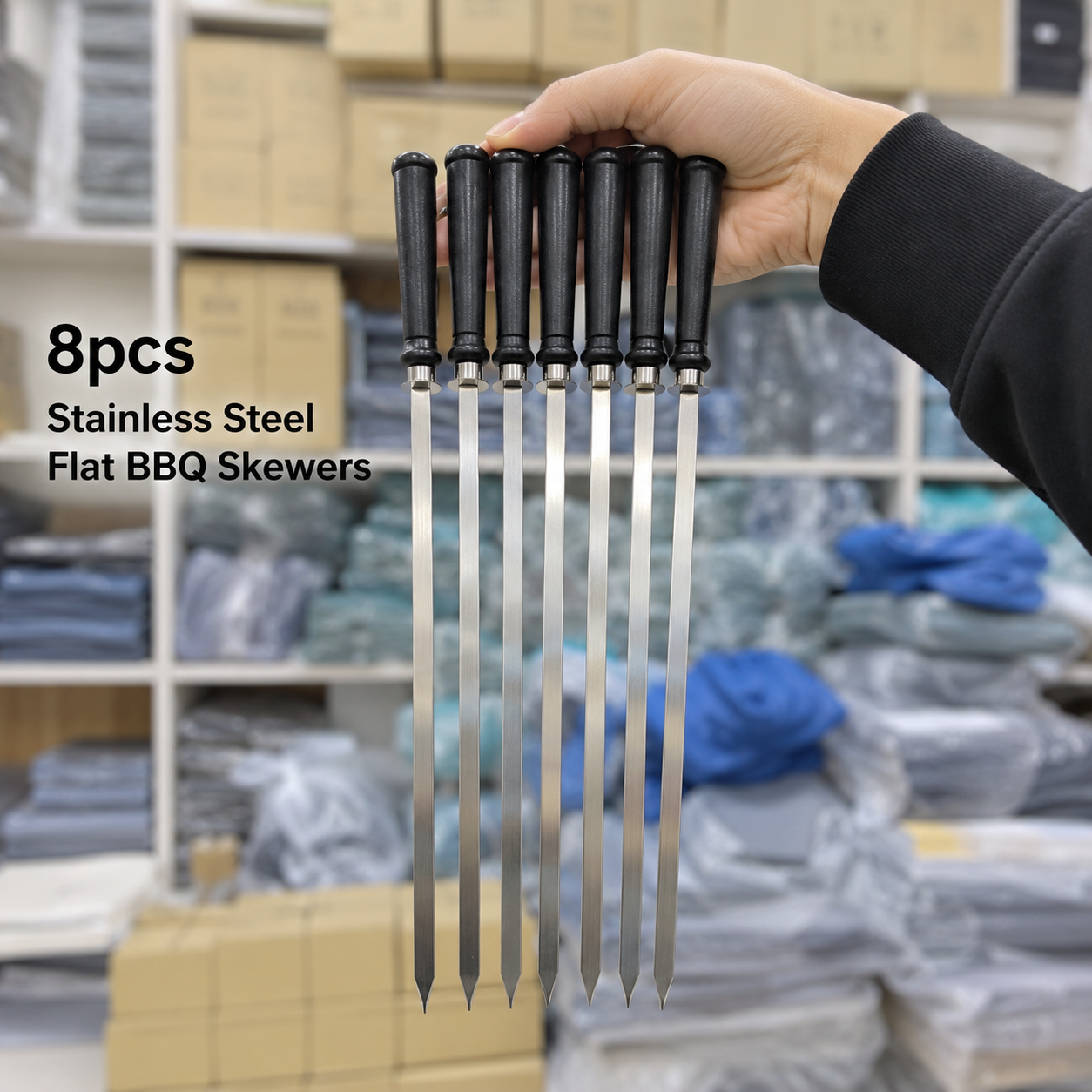 8Pcs Stainless Steel Reusable Anti Scalding BBQ Skewer With Wooden Handle