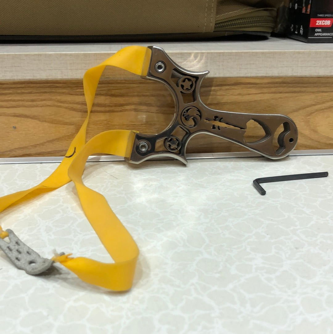 Metallic Stainless Steel Hunting Slingshot with Flat Rubber