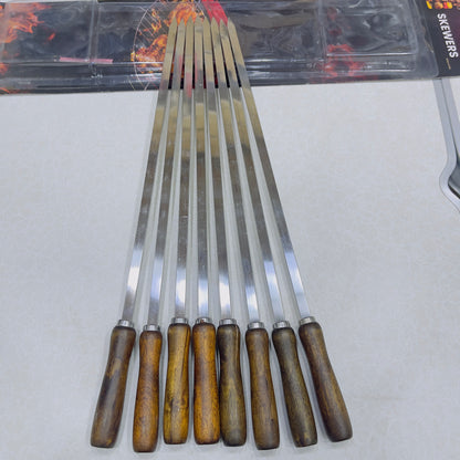 8Pcs Thickened Stainless Seel Reusable Anti Scalding BBQ Skewer With Wooden Handle