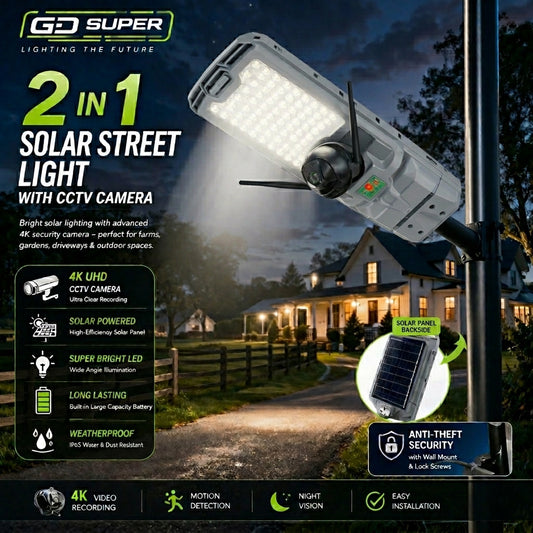 GD SUPER 2 in 1 300W Solar Street Light With 1440p HD CCTV Camera