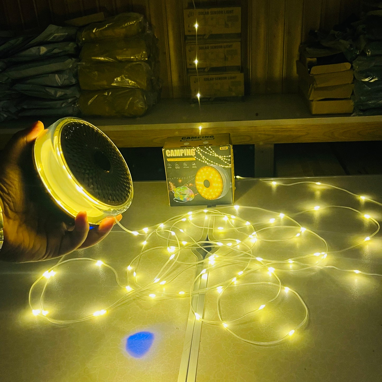 Solar Powered Dual Light Source Camping Light + 20M Atmosphere String Light