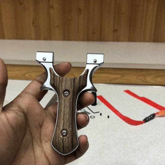 Alloy Hollow out Slingshot Wood Like Handle Grey