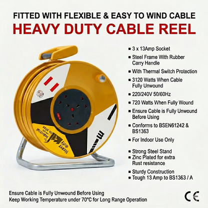3120 Watts Heavy Duty Extension Cable Reel – 30m-50m & 60m Best For Industrial & Workshop Use